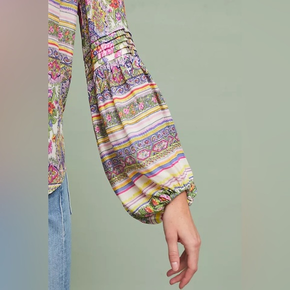 Anthropologie Maeve Ceresco Peasant Boho Top Floral Blouse long sleeve pink v - Picture 3 of 7